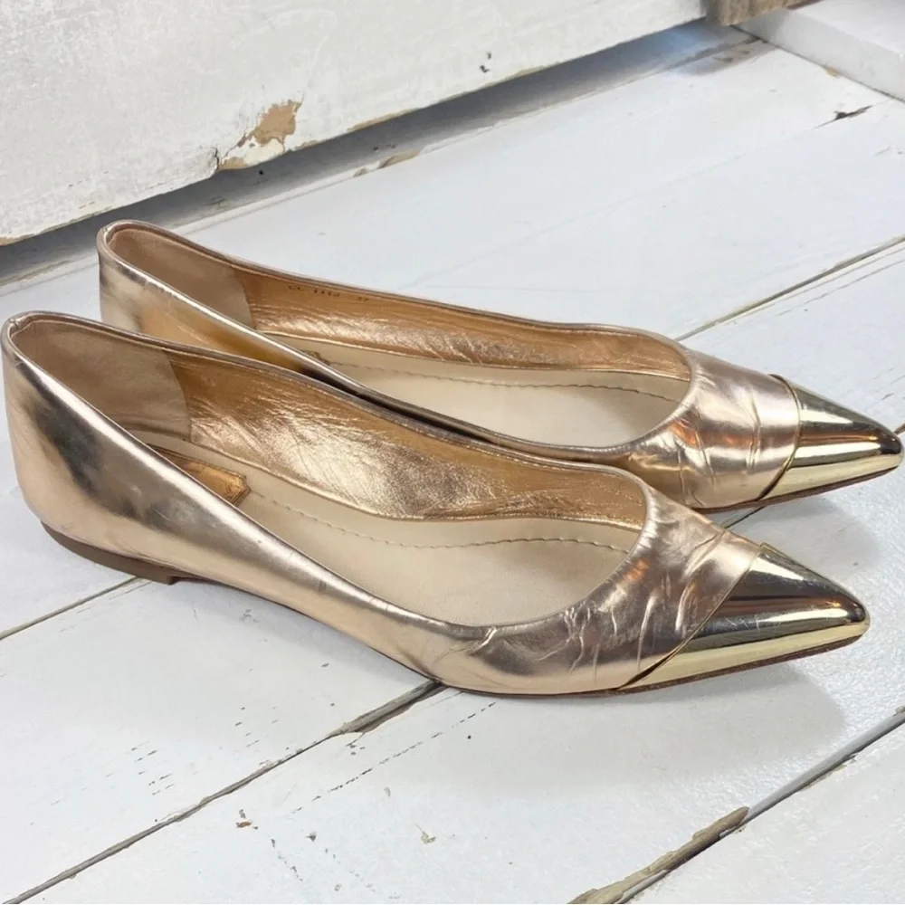 Christian Dior Gold Metallic Pointed Toe Flats - Picture 2 of 7